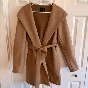 Love Tree Camel Belted Hooded Wool-Blend Coat Size L